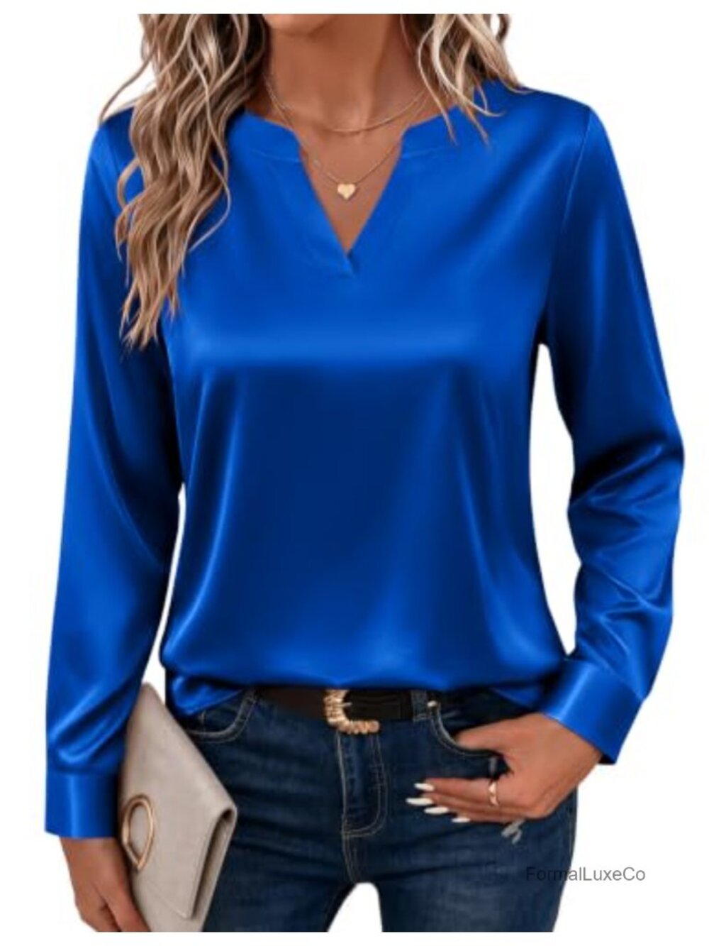Satin V-Neck Long Sleeve Blouse Pullover Button Cuff Office Top